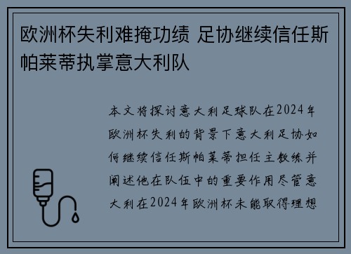欧洲杯失利难掩功绩 足协继续信任斯帕莱蒂执掌意大利队