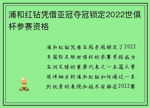 浦和红钻凭借亚冠夺冠锁定2022世俱杯参赛资格
